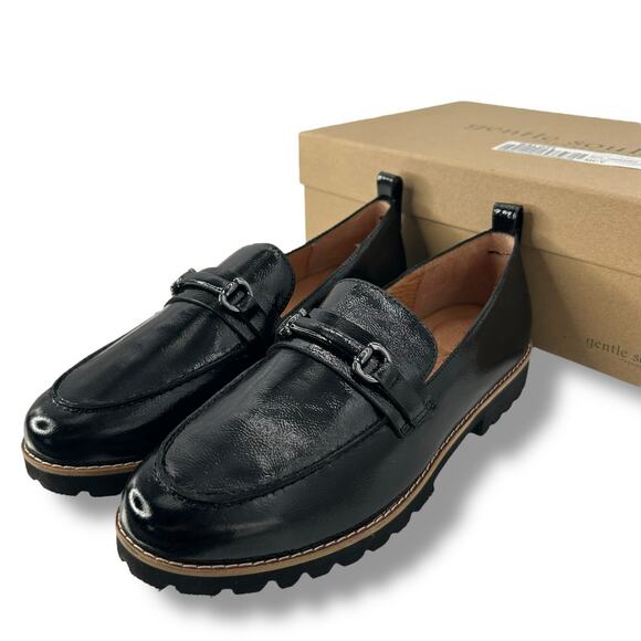 NEW Kenneth Cole Gentle Souls Black Loafers Eugene Lug Bit Leather Slip on 7.5 - Picture 1 of 13